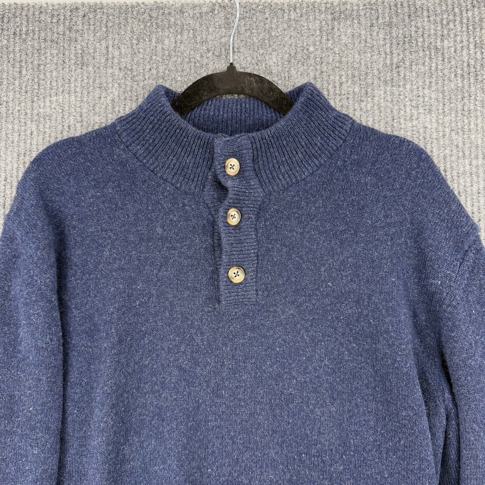 Merino Wool Sweater Mens XL Blue Mock Neck Italy Minimal Coastal Dad - Picture 3 of 8